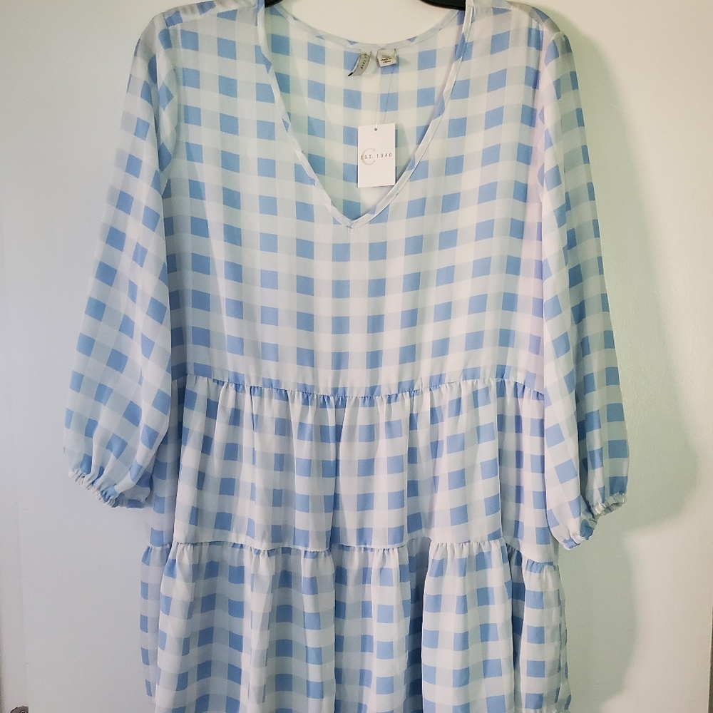 Blue checkered flowy blouse